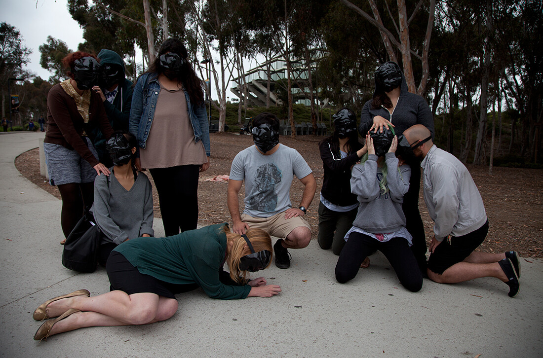 Militancy, Vulnerability, Obfuscation, tableau vivant, Performative Nanorobotics Lab, University of California, San Diego, photo by Tanner Cook (2013)