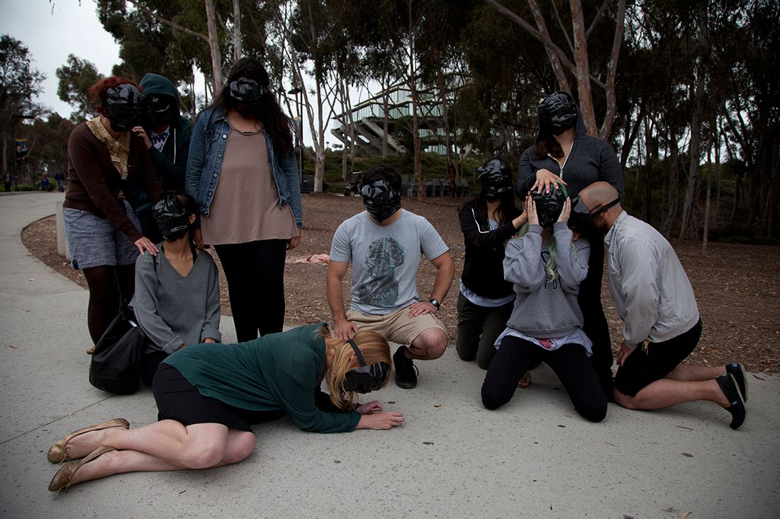 Militancy, Vulnerability, Obfuscation, tableau vivant, Performative Nanorobotics Lab, University of California, San Diego, photo by Tanner Cook (2013)