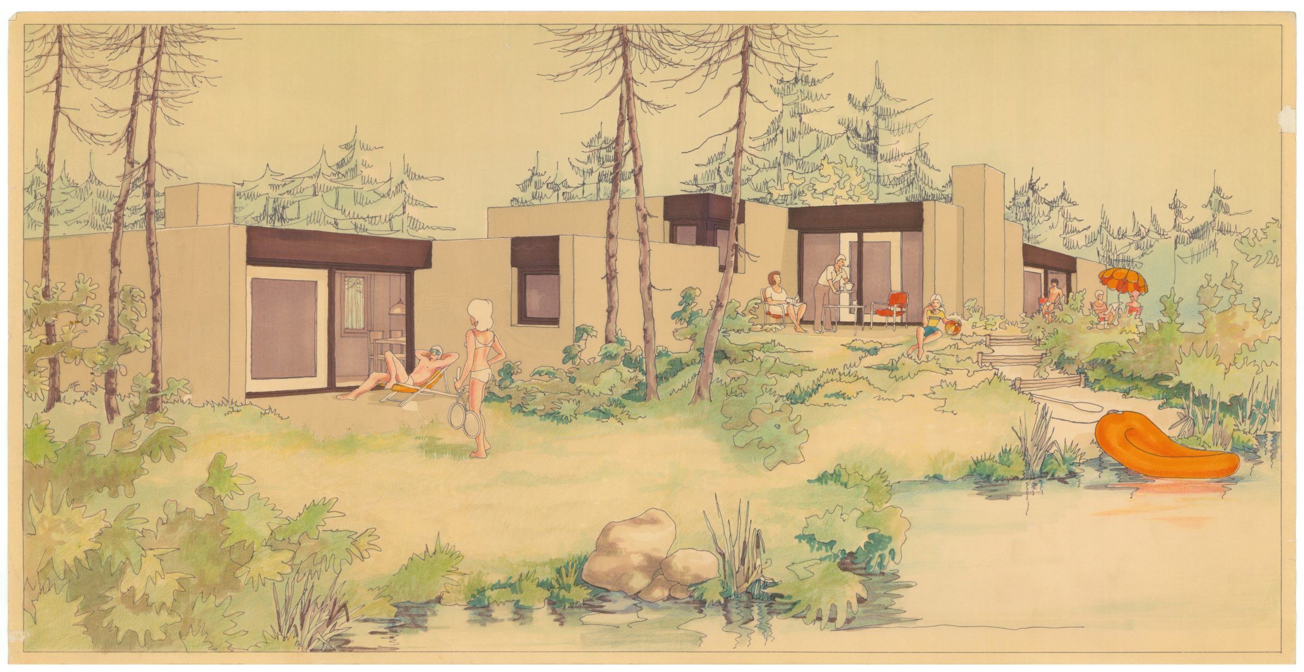 Een sfeer tekening voor het ontwerp van een aantal vakantiebungalows. Te zien zijn een aantal geschakelde, vierkante bungalows met daarvoor een aantal recreërende mensen aan een meertje.