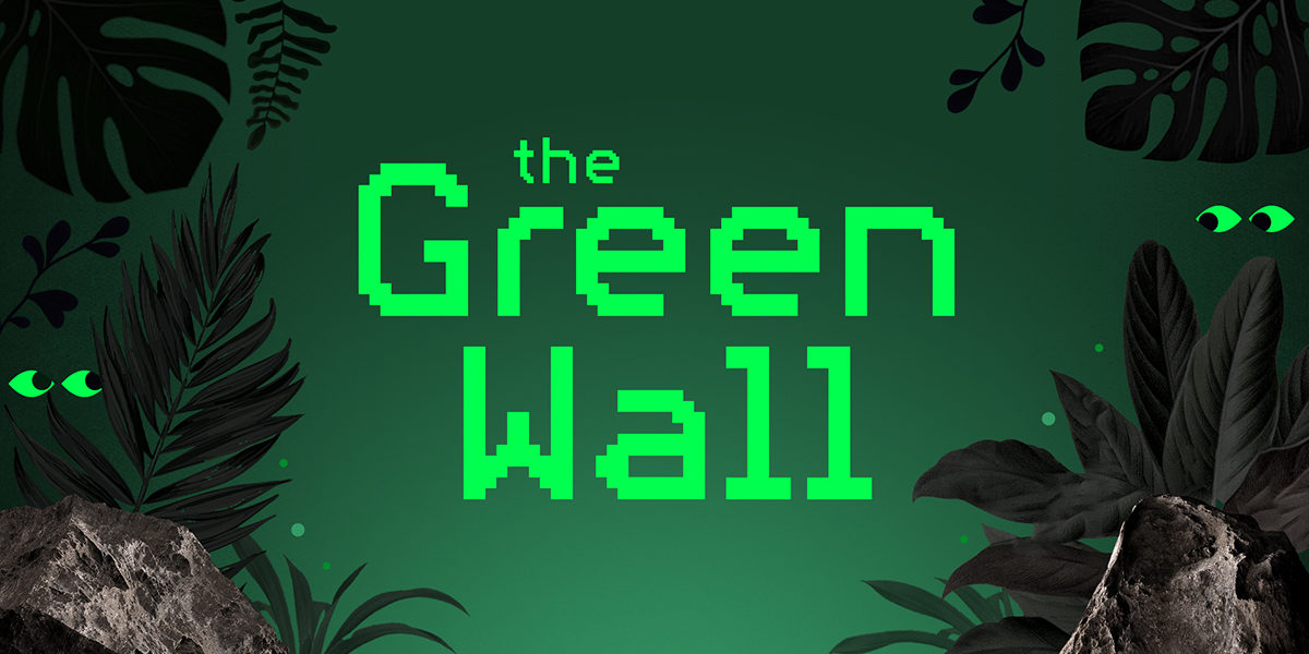 Een groene achtergrond met aan de zijkant getekende planten. In het midden staat de tekst 'the green wall'.