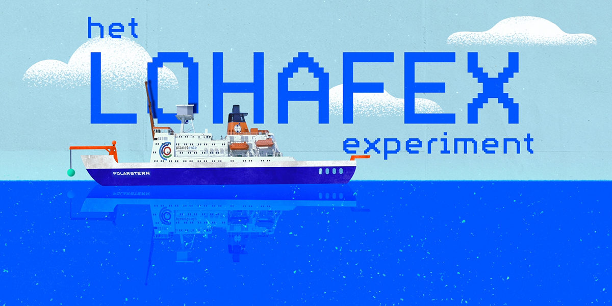 Een getekende zee met daarop een schip. Boven in de lucht zweeft de tekst 'het LOHAFEX experiment'.