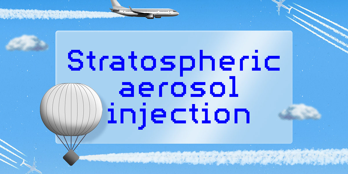 Een blauwe lucht met een getekend vliegtuig en een weerballong. In het missen staat de tekst 'Stratospheric aerosol injection'.