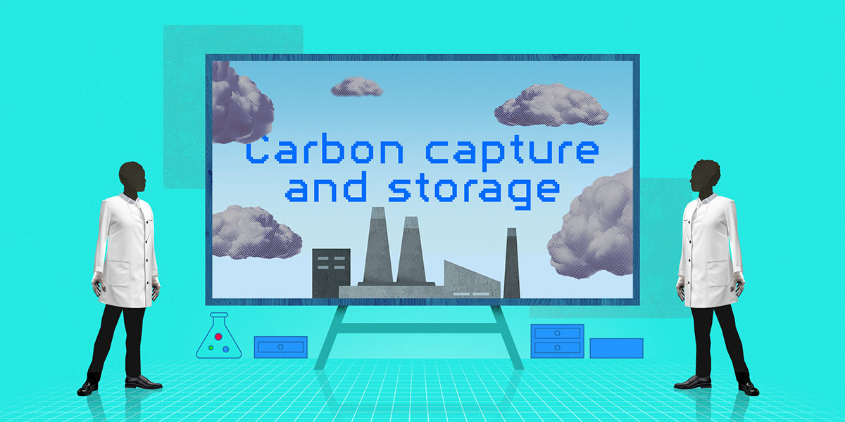 Een getekend beeld met twee wetenschappers die volledig in beeld zijn. Ze kijken naar een scherm met daarop de tekst 'carbon capture and storage' tussen wolken met daaronder een fabriek.