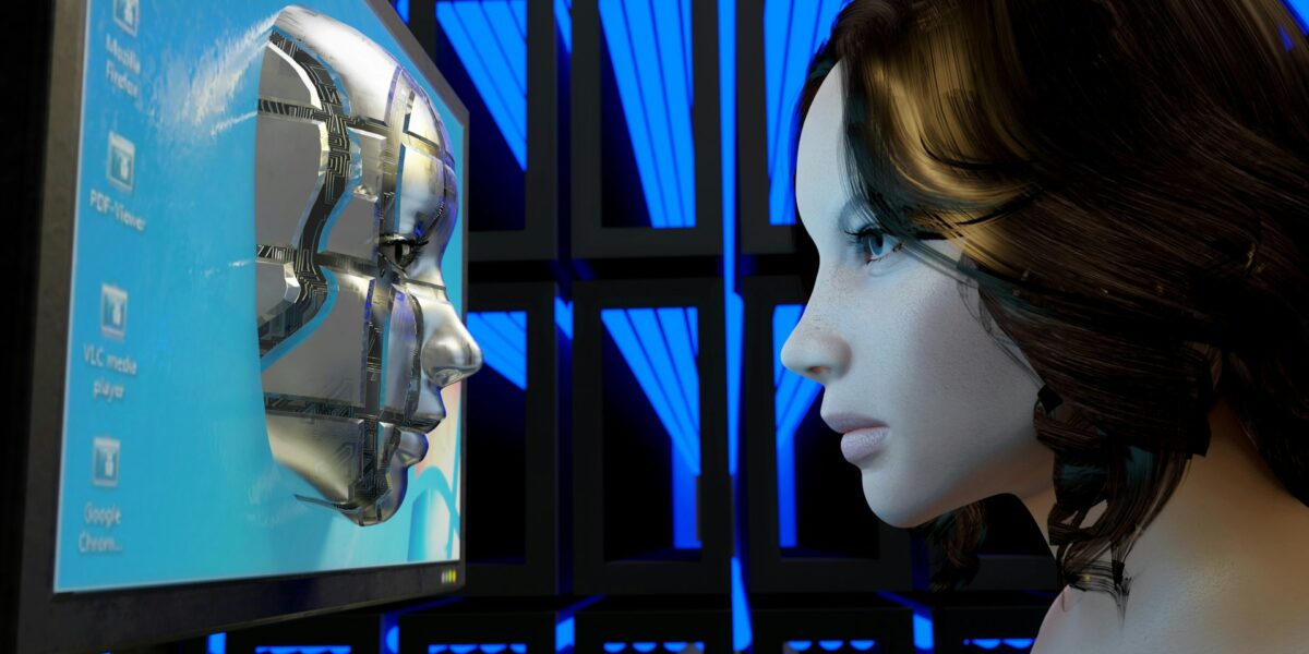 Een virtuele vrouw kijkt naar een computerscherm, waar een vrouwelijk robotgezicht uitkomt.